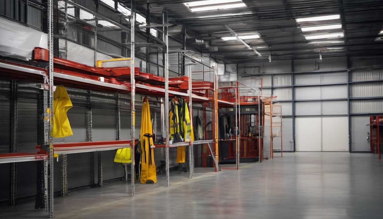 Safety harnesses and access equipment prepared in a warehouse training area