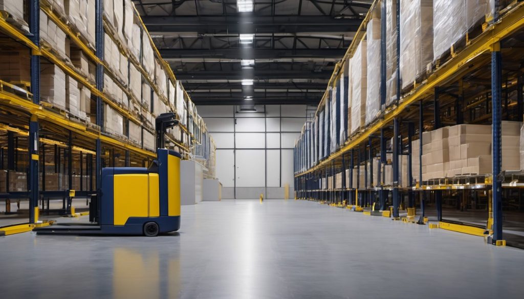 Electric forklift parked safely in a warehouse training aisle