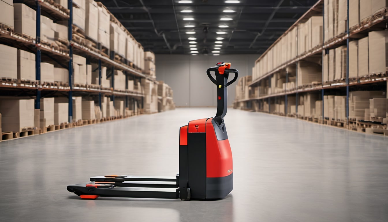 Electric powered pallet truck parked safely in a warehouse aisle