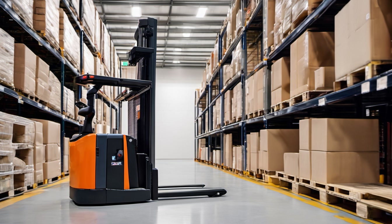 Pedestrian electric pallet stacker parked in a warehouse aisle